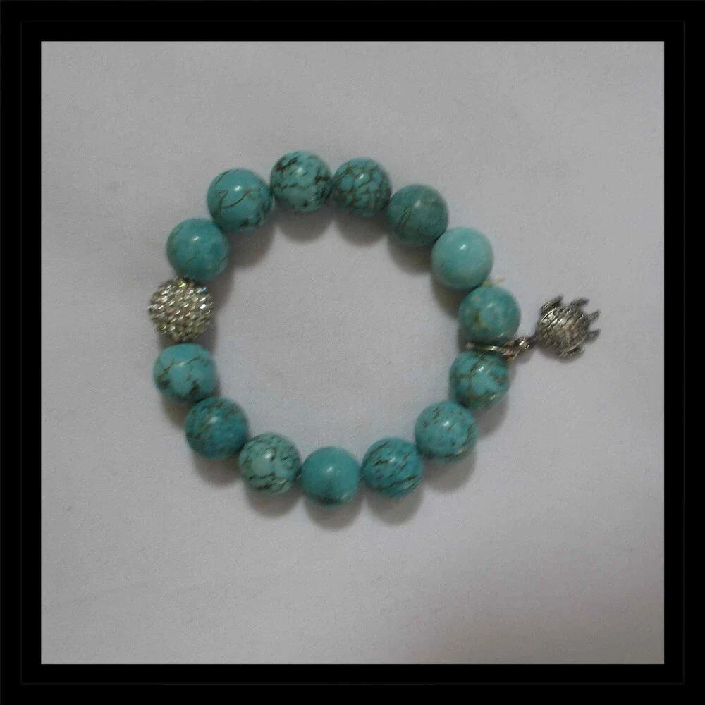 Ashley Bridget Stretch Bracelet Turtle Charm Chunky Round Turquoise Beads B007